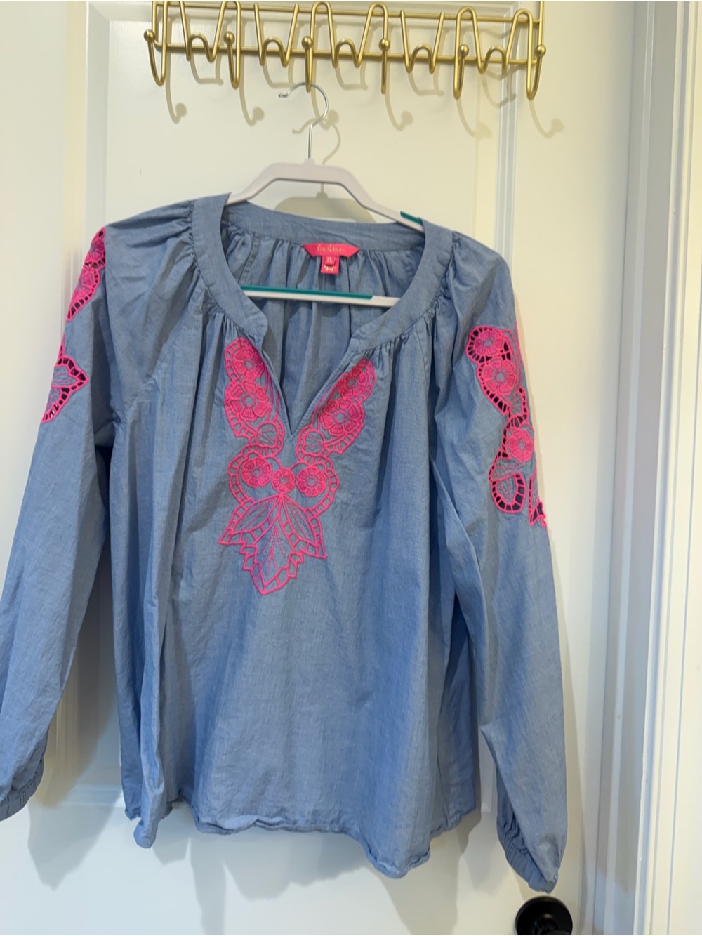 Lilly Pulitzer Light Blue (chambray) Top with Hot Pink Embroidery